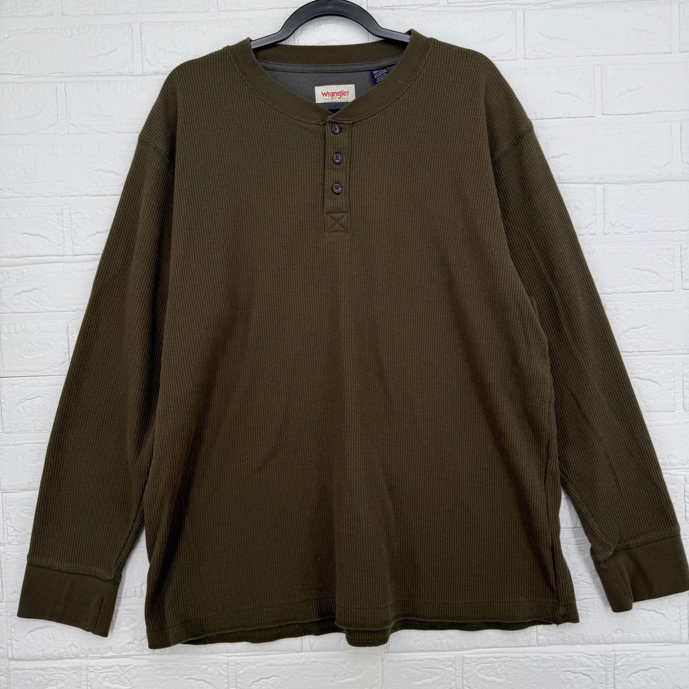 Wrangler Henley Shirt Mens XL Brown Waffle Knit Thermal Long Sleeve Casual